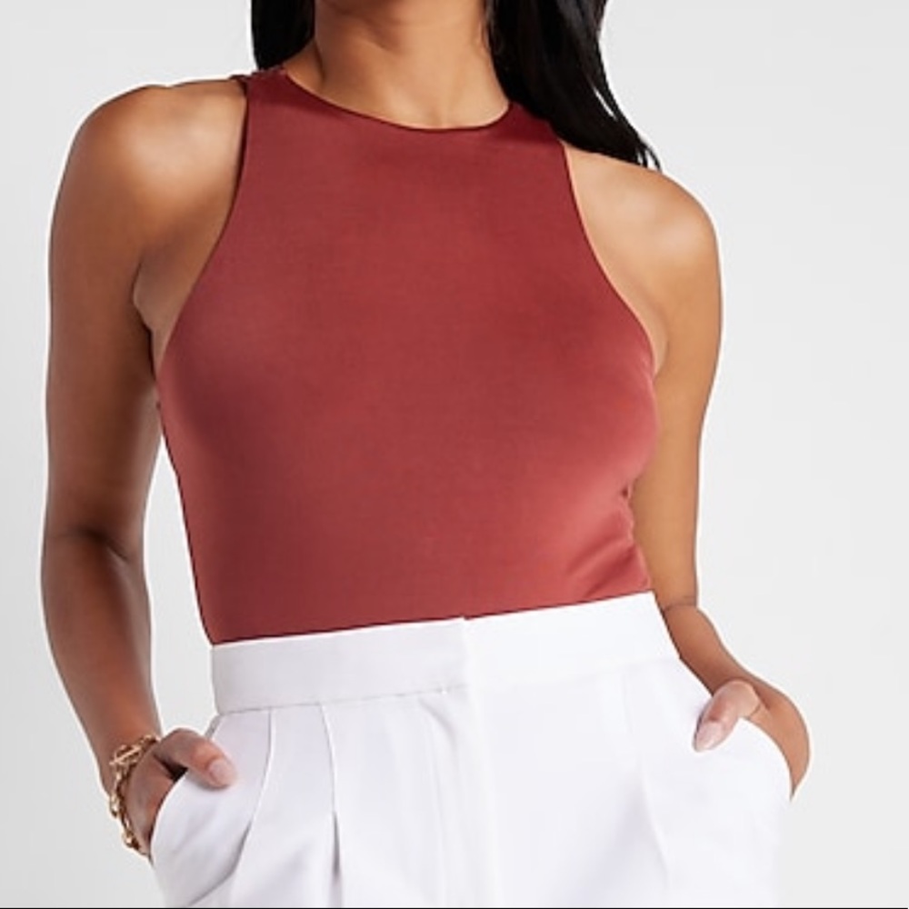 EXPRESS Body Contour Silky High Neck Strappy Back Thong Bodysuit